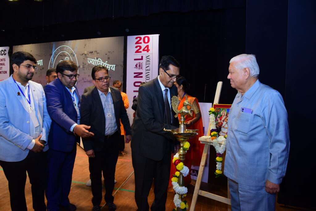 CMA Ashwin Dalwadi, President ICMAI lighting the lamp during Students Regional Cost Convention held on 17th & 18th February 2024 at Nashik. Also Seen Guest of Honour CMA V P Shenoy, Asst. Vice President-Finance - Graphite India Limited, CMA (Dr.) Dhananjay V Joshi - Former President ICMAI, CMA Chaitanya Mohrir, Chairman, ICMAI-WIRC, CMA Mihir Vyas, Hon. Secretary & Chairman, Students Coordination Committee, ICMAI-WIRC.