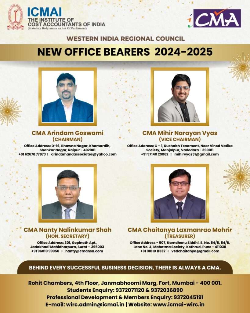 Newly Elected Office Bearers of ICMAI-WIRC for the Year 2024-25