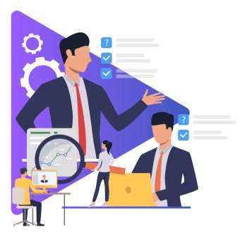 Business people working and giving tasks. Boss, manager, modern technology, office, sample text. Business concept. Vector illustration for poster, presentation, new project